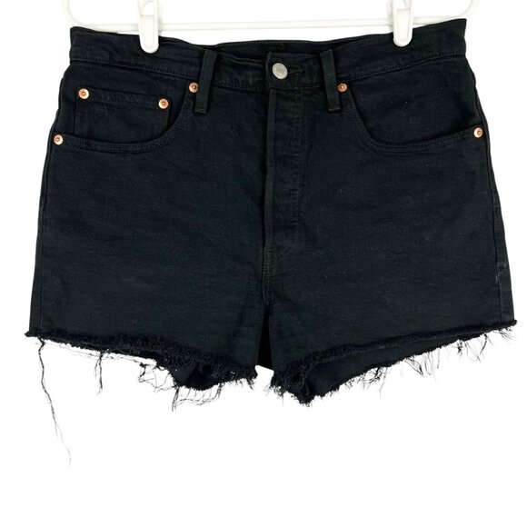 Levis 501 Women's Stretch Raw Hem Black Denim Shorts Size 30 Mid Rise Fly Button - Picture 1 of 11